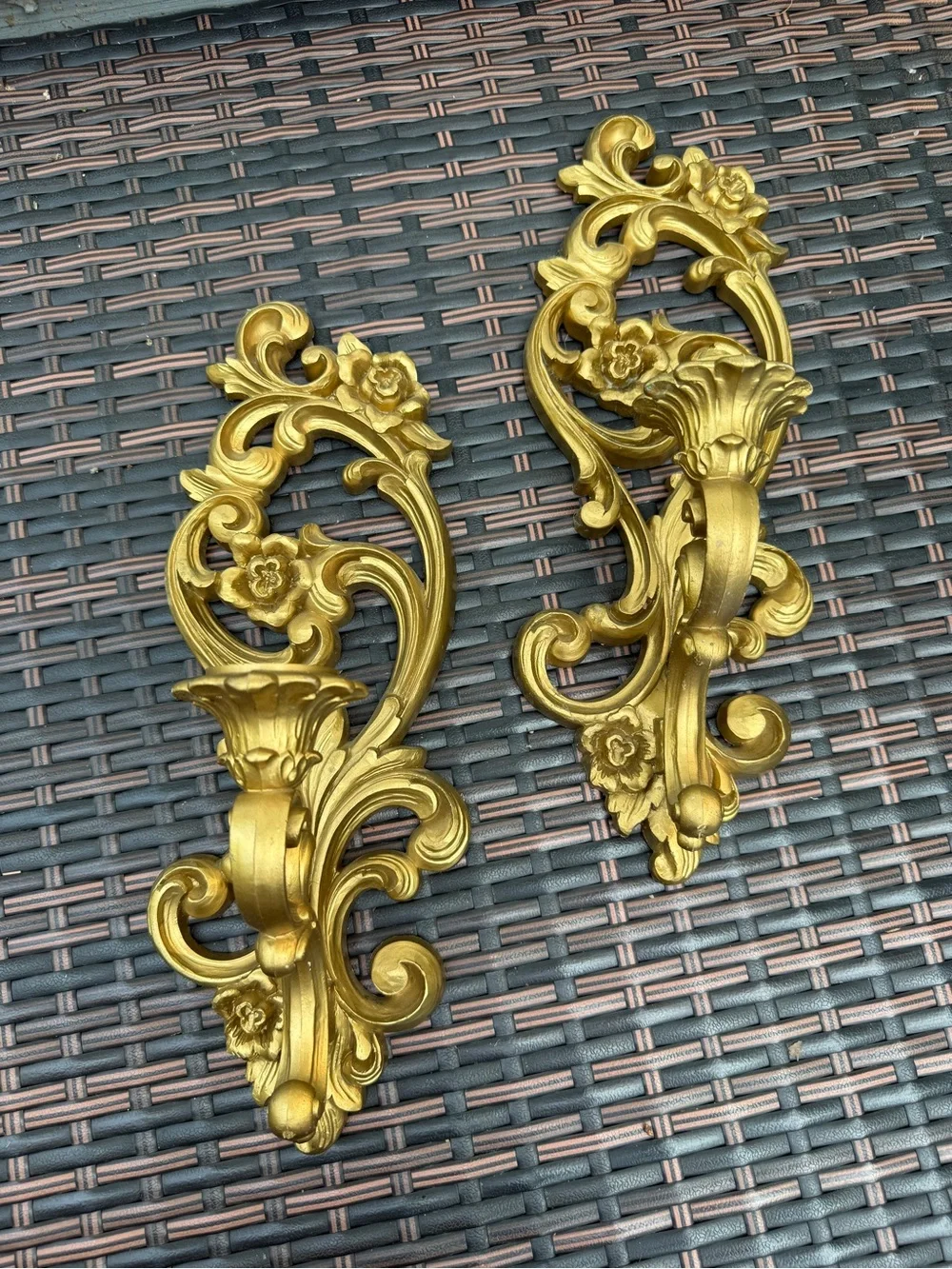 Vintage Homco Gold Candle Holder Wall Sconces/Hangings Set Of 2  MCM Ornate EUC